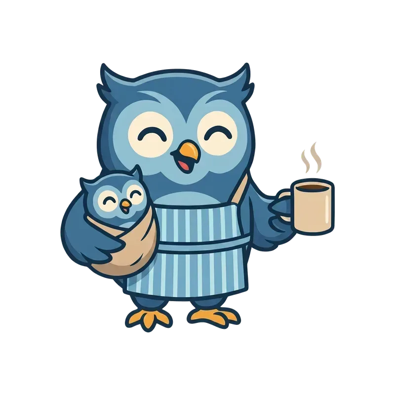 Hibou parent avec café, accompagnant son enfant aux devoirs