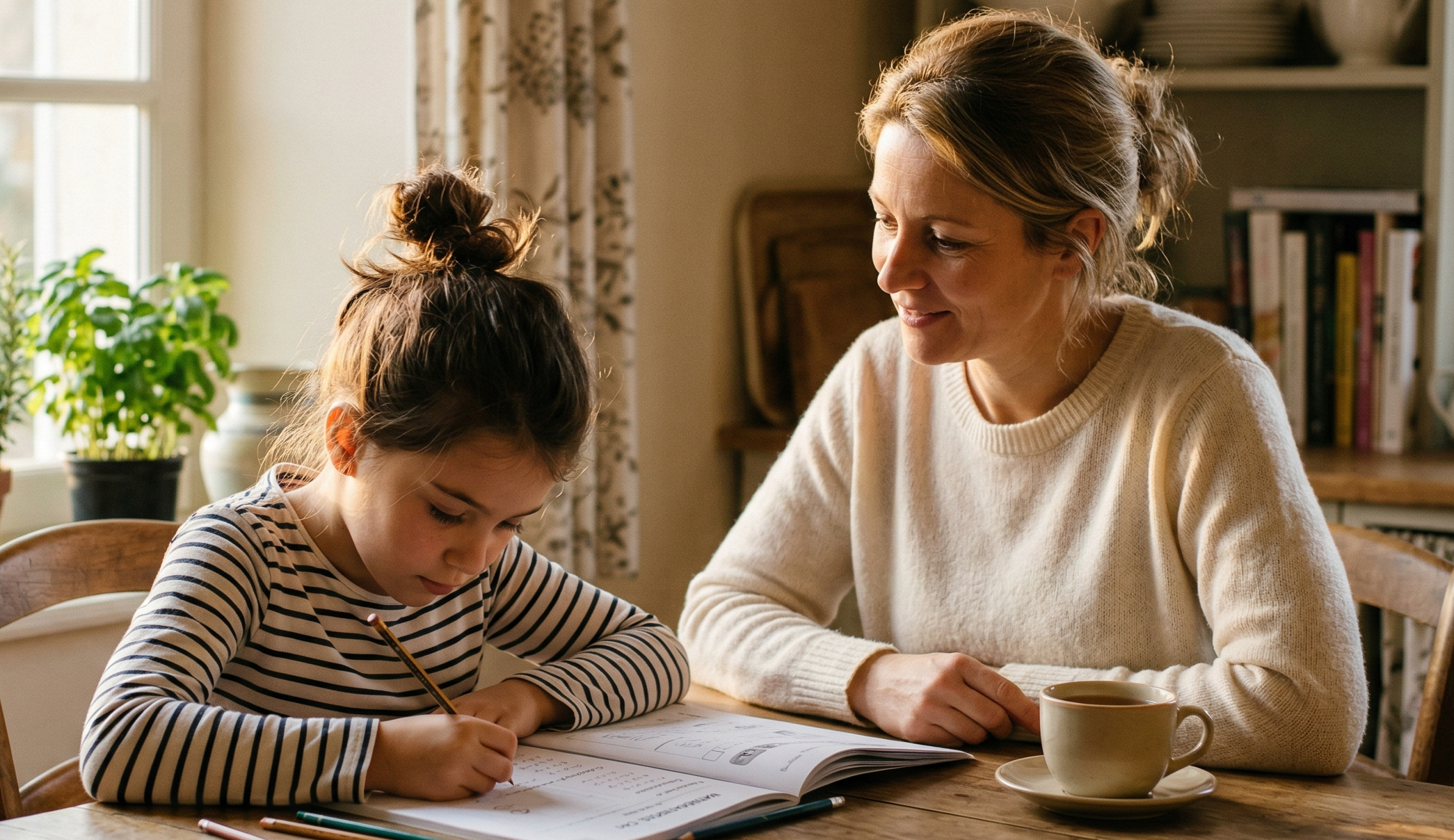 Mère aidant sa fille à faire ses exercices scolaires à la maison