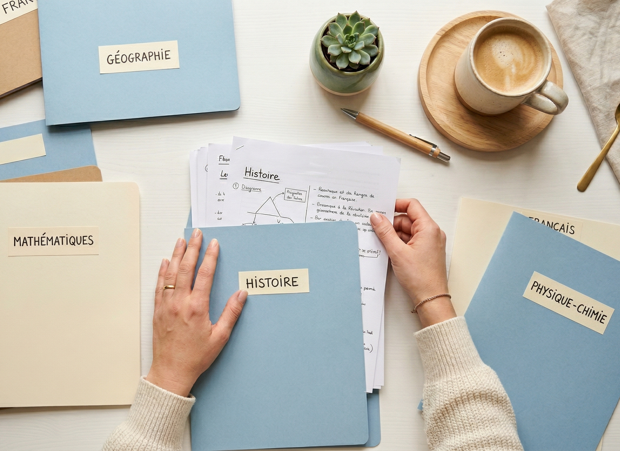 Mains organisant des documents scolaires dans des dossiers sur un bureau